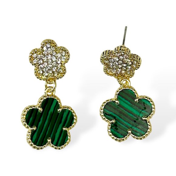 2 Sided Double Flower Clover Drop Dangle Earrings, Pave Crystal/Lapis bottom - Picture 4 of 5